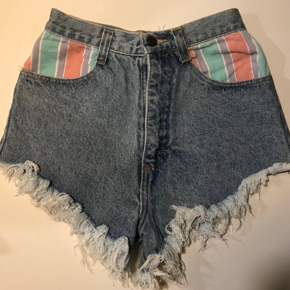 Vintage Bill Stunt denim shorts with pastel striped pockets petite jeans
